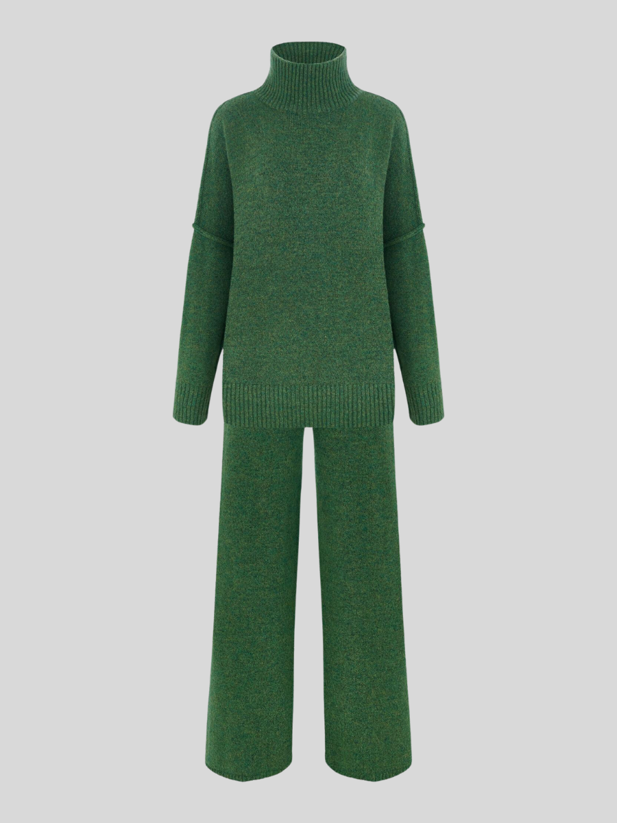 Hazel – lounge set van zachte knit met hoge col en wijde broek