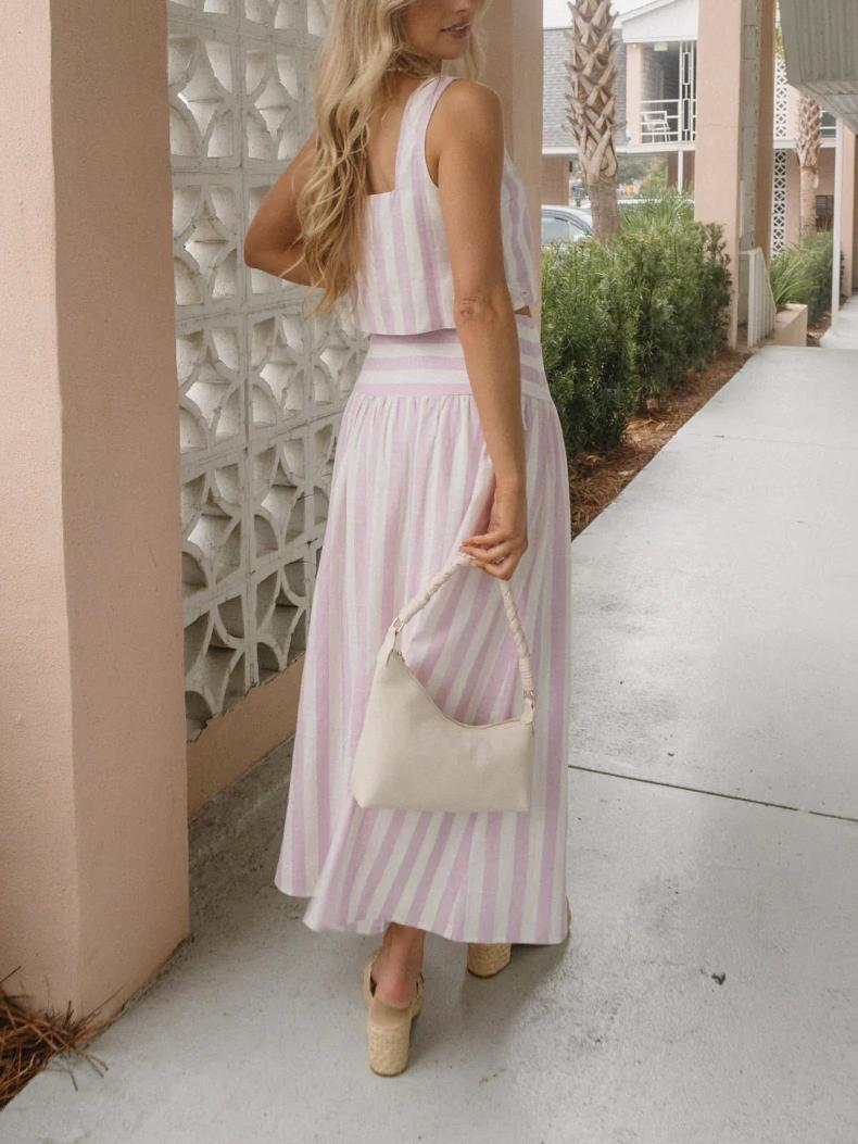 Lauren – Tweedelige zomer set met mouwloze vierkante has top met lange rok