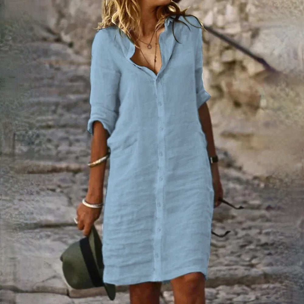 Lena – Katoenen Midi Blouse Jurk Met V-hals
