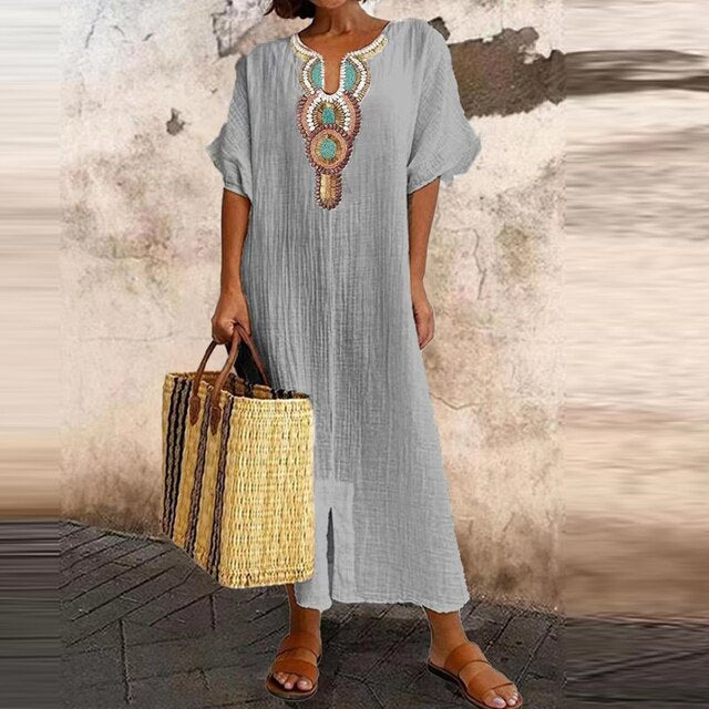 Noria – Luchtige Linnen Maxi Jurk Met Boho Print