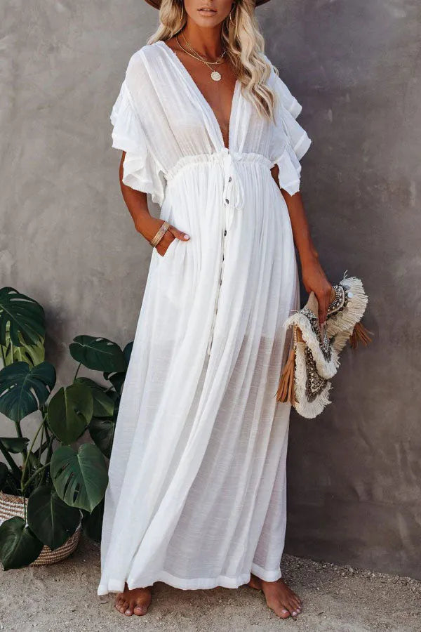 Margarita Ivory – maxi zomer jurk met delicate ruches en een subtiele glans