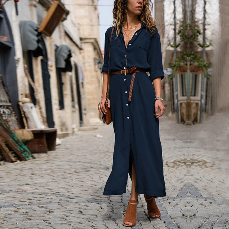 Sage – Midi Overhemd Jurk Van Viscose Met Ronde Hals En Tailleriem