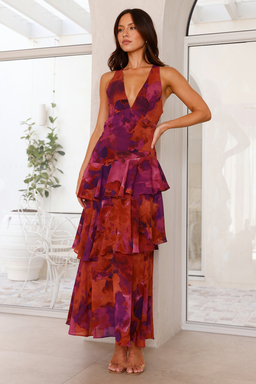 Eileen – maxi-jurk van chiffon met diepe V-hals en speelse lagen