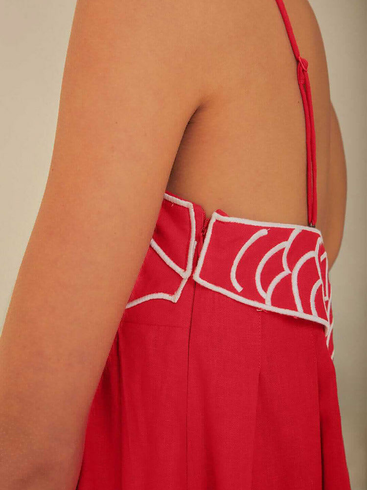 Clara – Rode linnenmix zomerjurk met asymmetrische snit