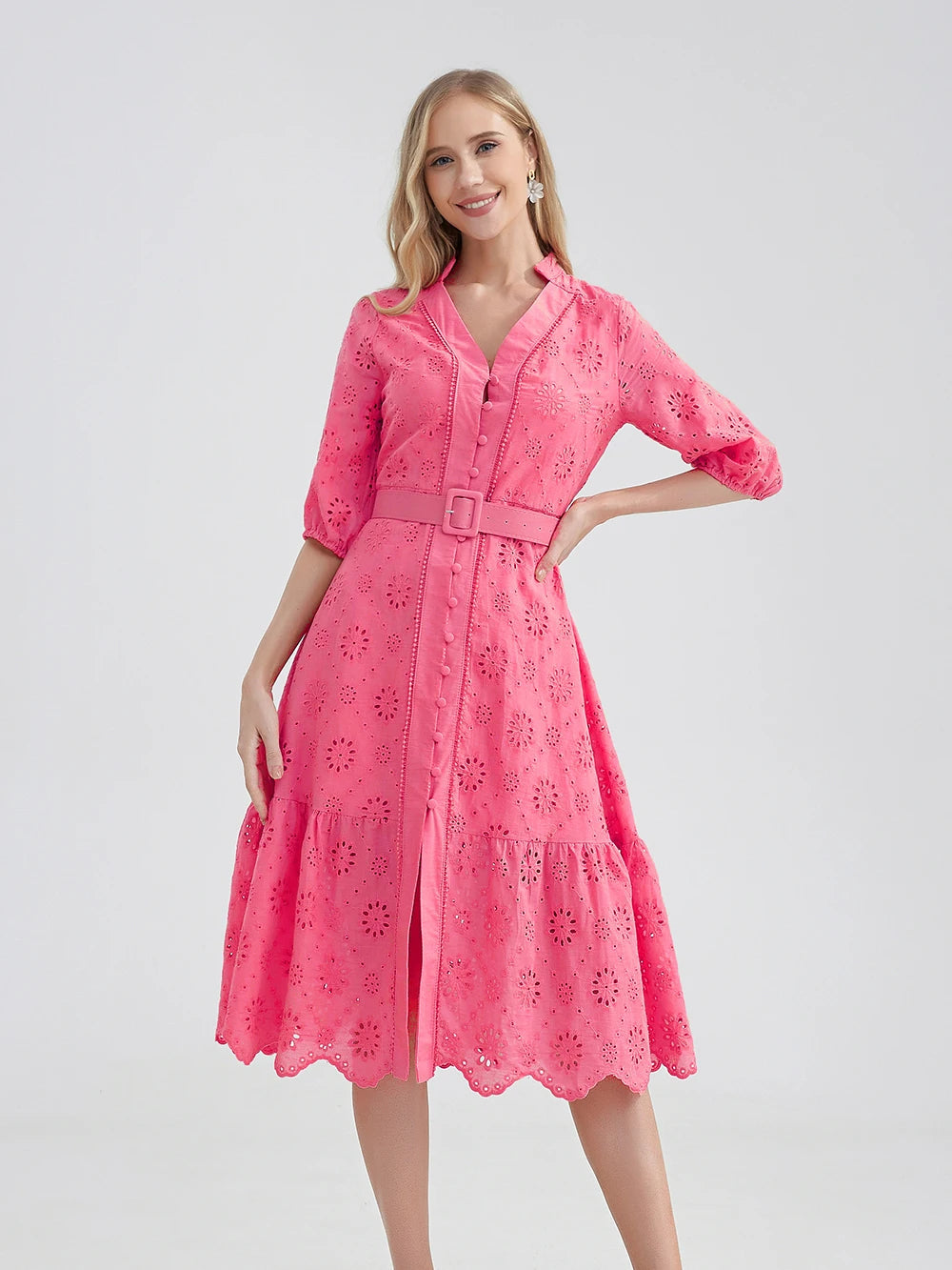 Evi – Zomer Midi Jurk met Kanten details en tailleriem