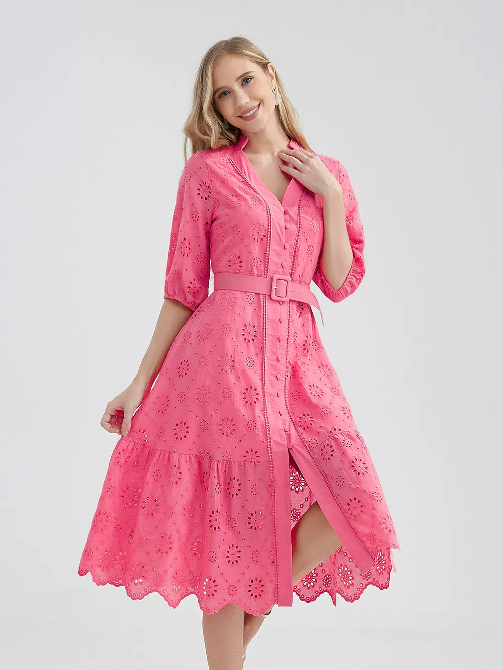 Evi – Zomer Midi Jurk met Kanten details en tailleriem
