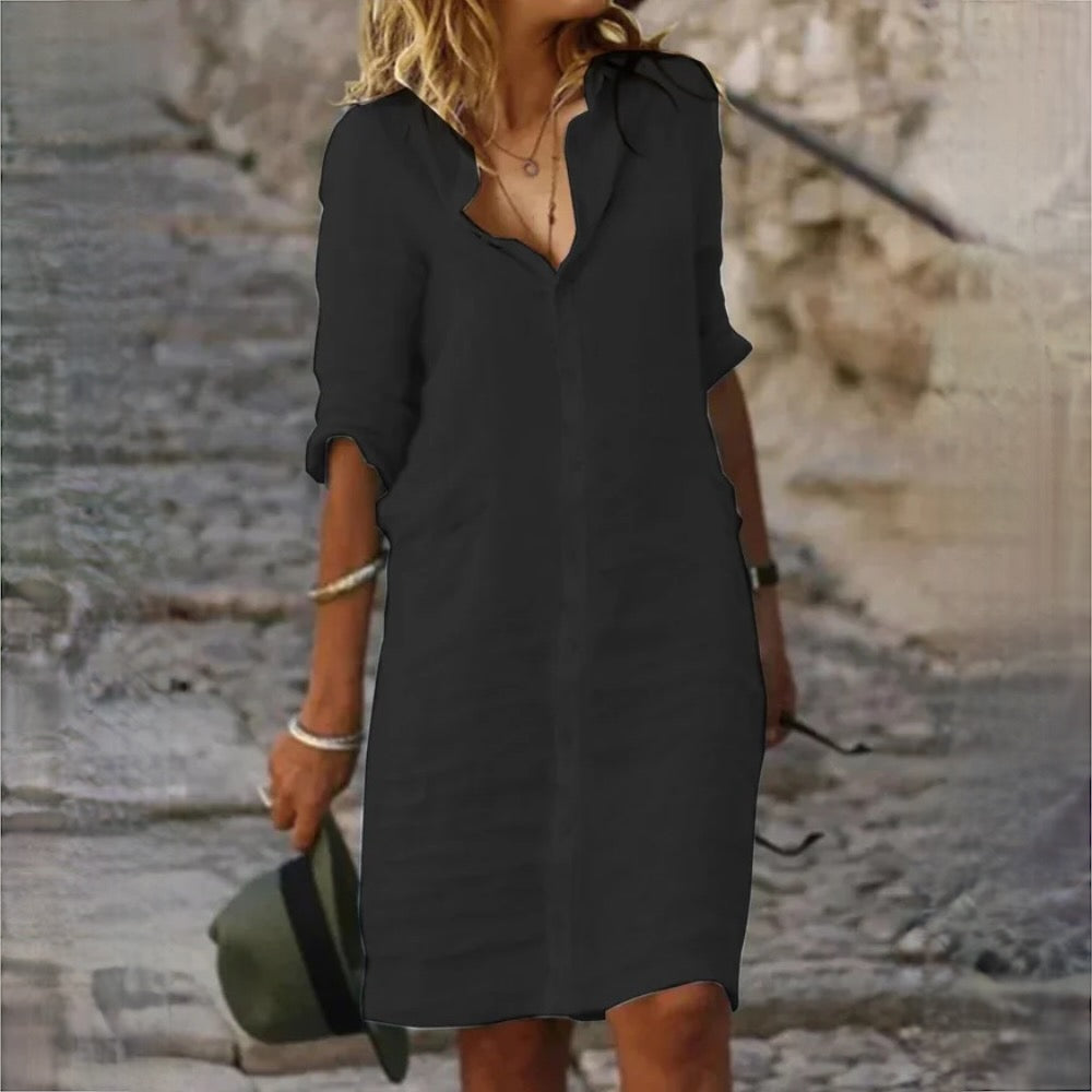 Lena – Katoenen Midi Blouse Jurk Met V-hals