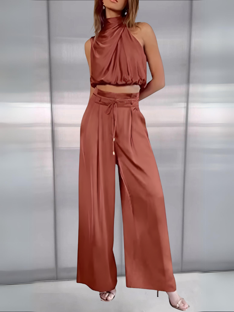 Variant image for Sportkleding Dames Set - Tweedelige Halter Crop Top en Hoge Taille Wijde Pantalon, Elegante en Comfortabele Outfit-31