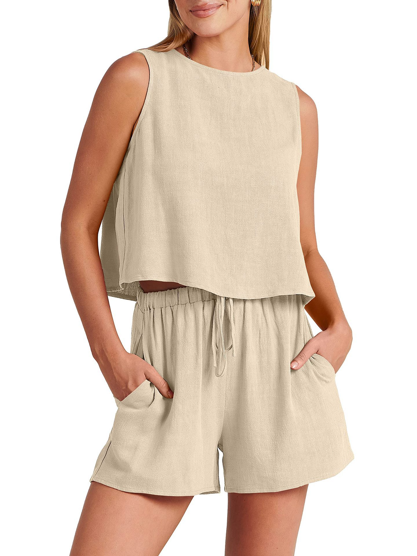Harper Grace – Zachte beige tweedelige mouwloze zomer set