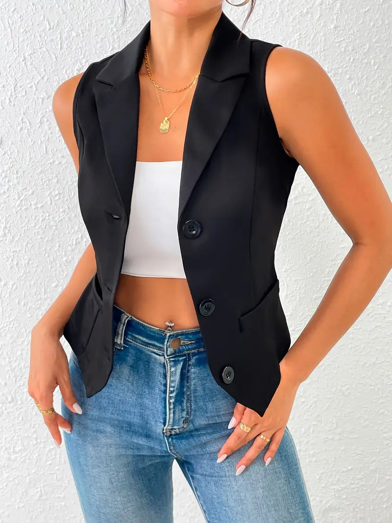 kara – Mouwloos zomer vest met knoopsluiting en kraag
