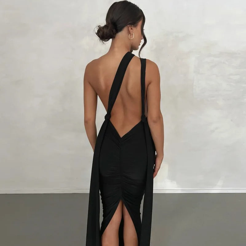 Clara – maxi jurk met diepe V-hals en elegante drapering