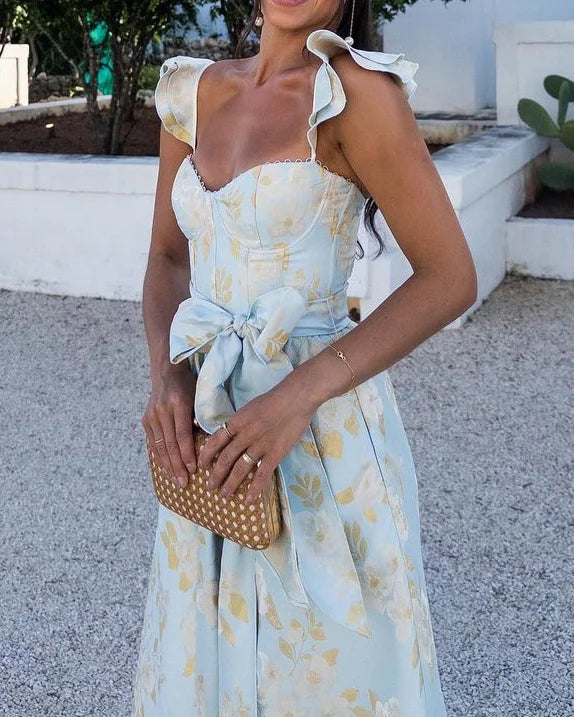 Jessica – Midi jurk met bloemenprint en fijne strikdetail