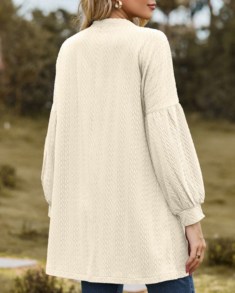 Linde – gebreide dames cardigan-vest met textuur en lanternmouwen