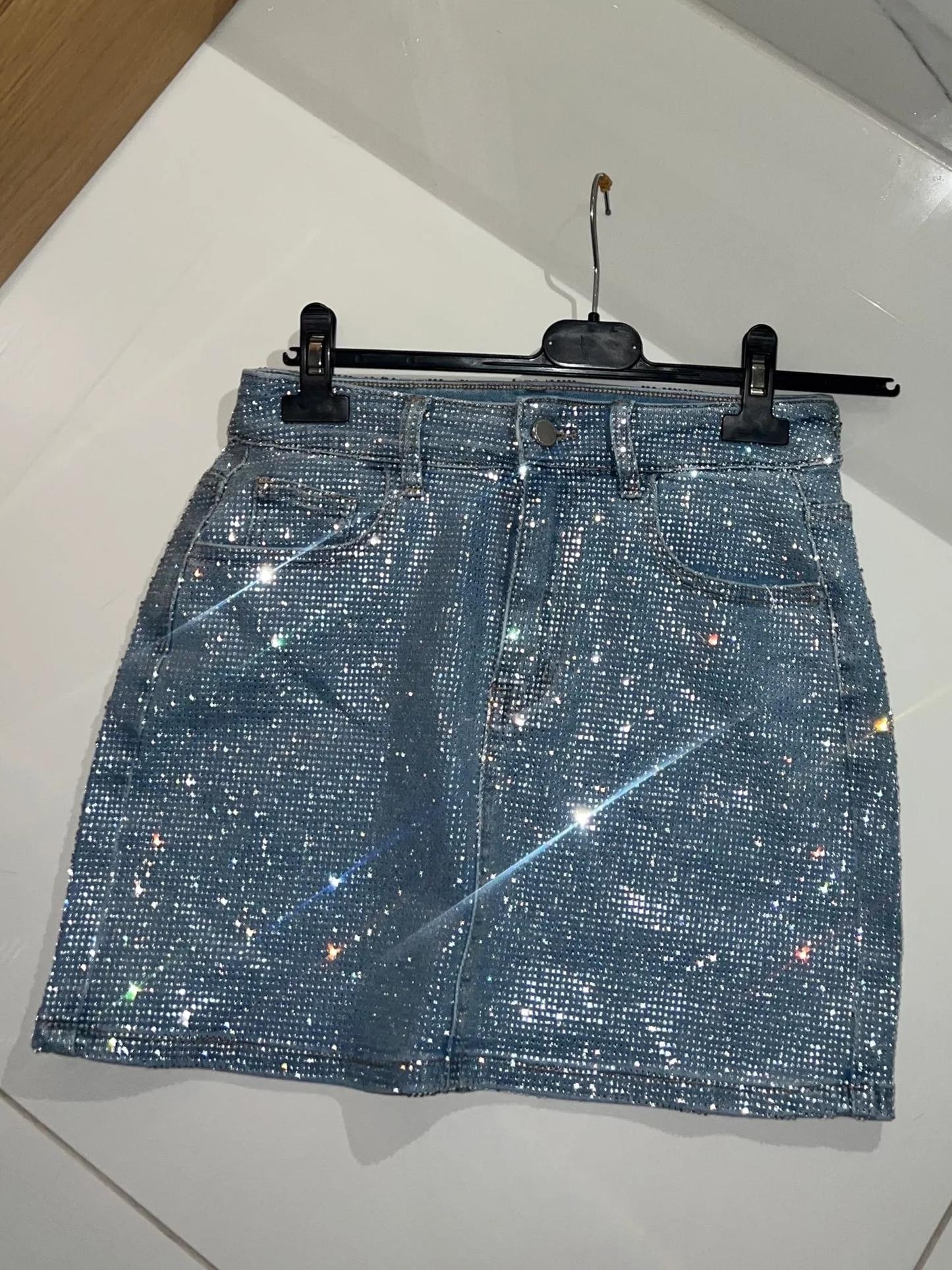 Ruby – Mini denimrok met glittersteentjes hoge taille