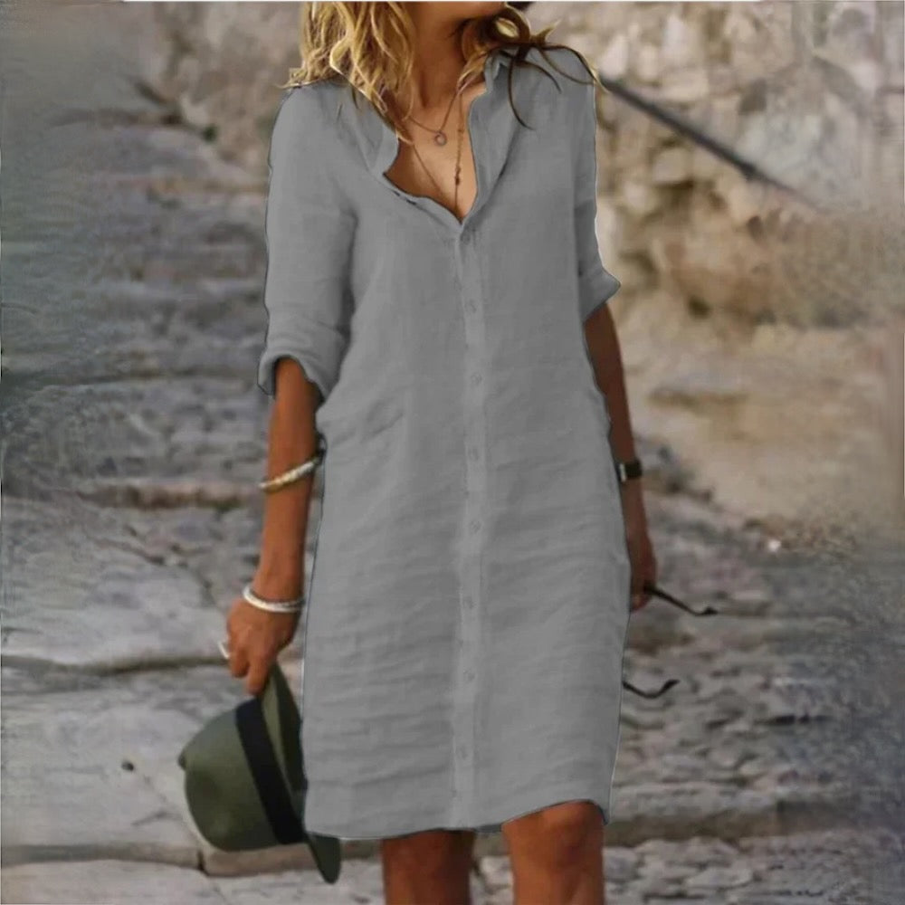 Lena – Katoenen Midi Blouse Jurk Met V-hals
