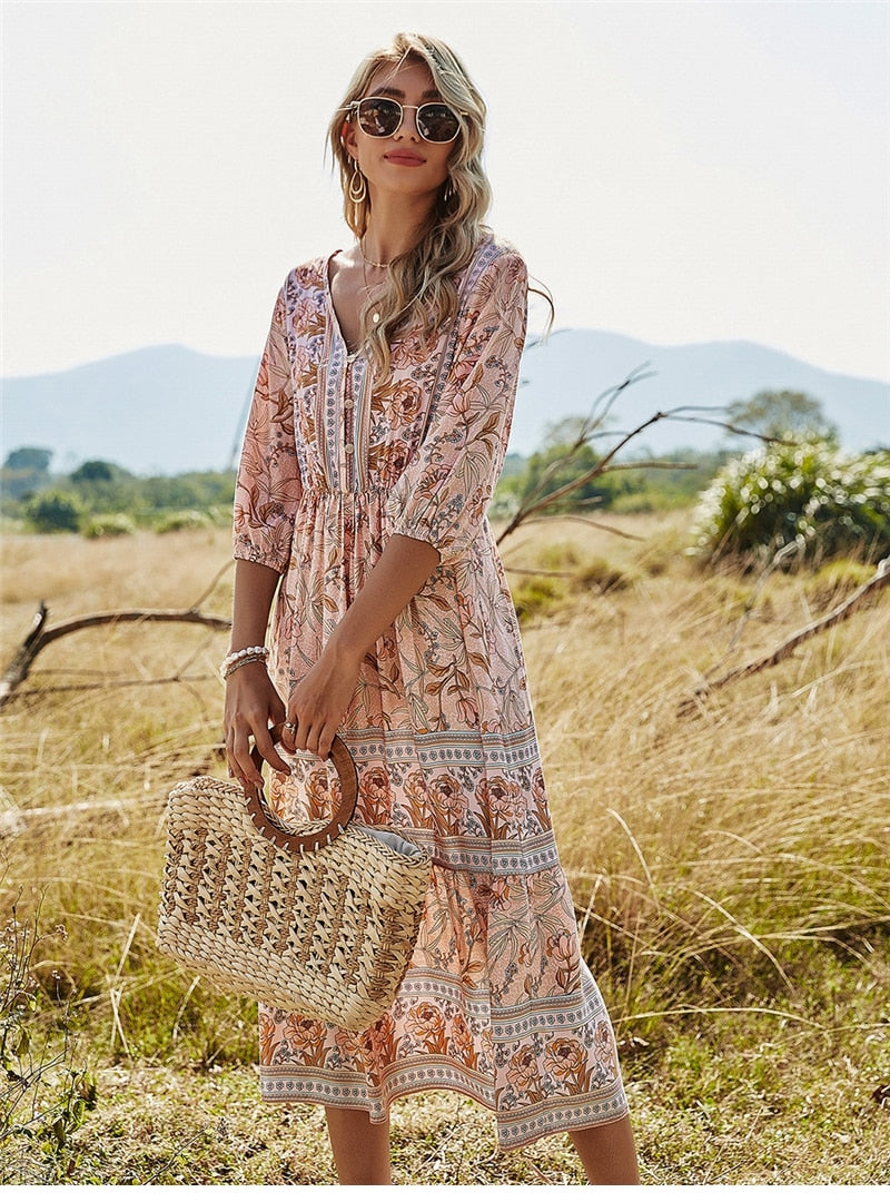 Bonnie – Multicolor boho-zomerjurk met vintage patronen en vloeiende pasvorm