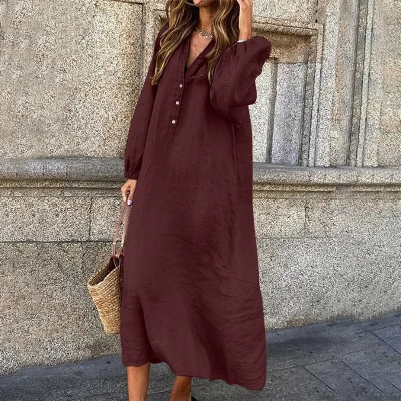 Sofia – Linnen maxi v-hals jurk met elastische taille en losse pasvorm