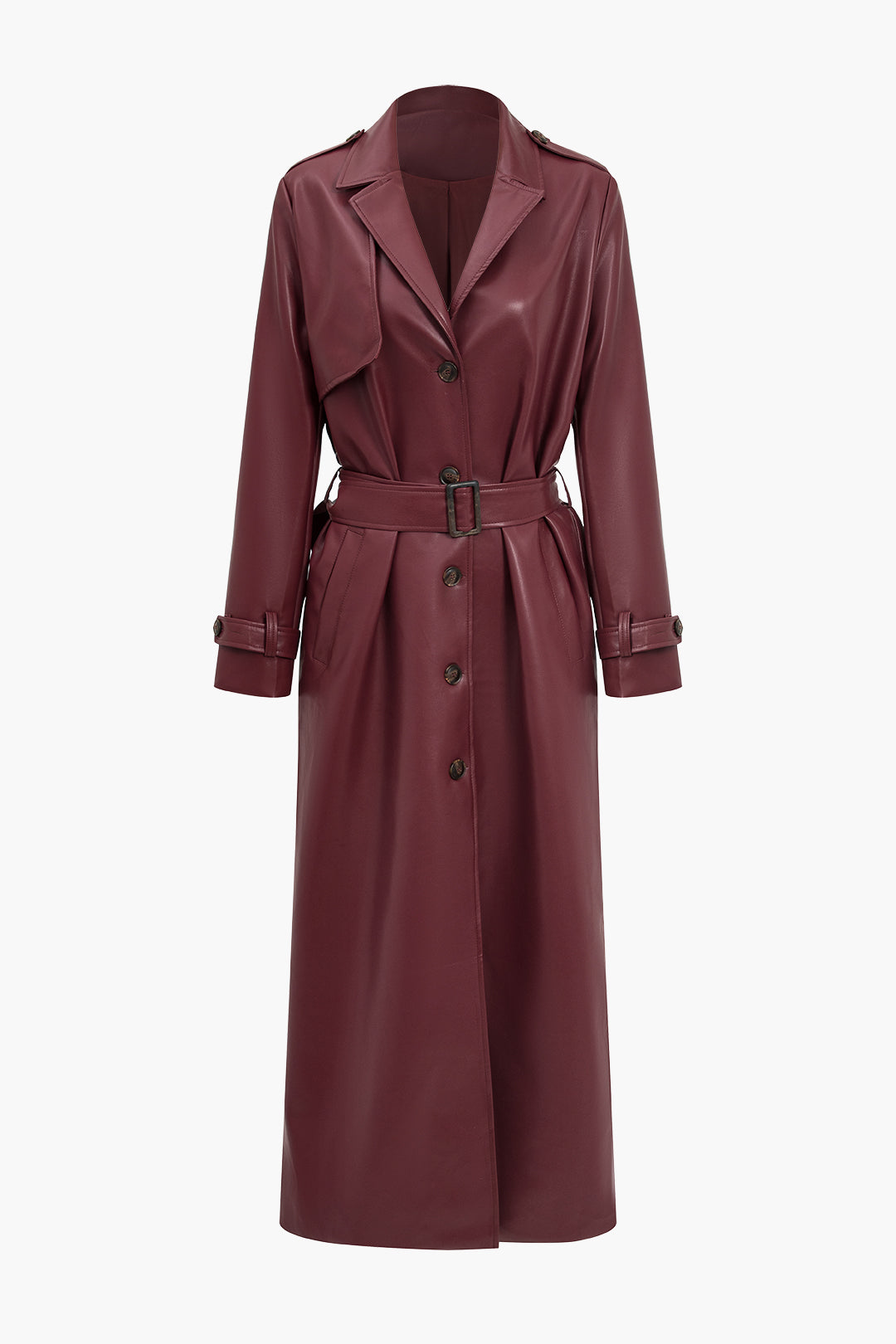 Crimson – faux leren trenchcoat in bordeaux met ceintuur en zakken