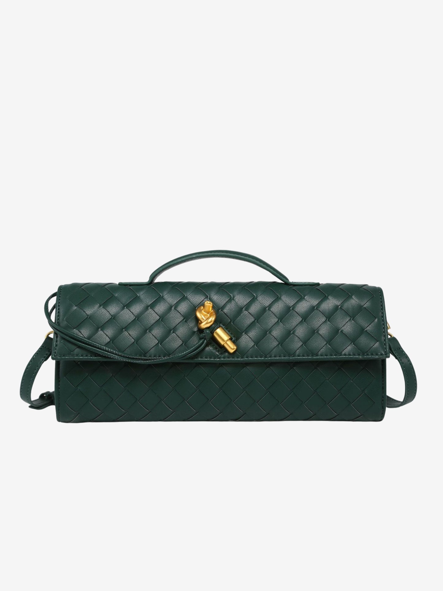 Clémence – Geweven Leren Crossbody Clutch Tas Met Gouden Knoop En Handvat