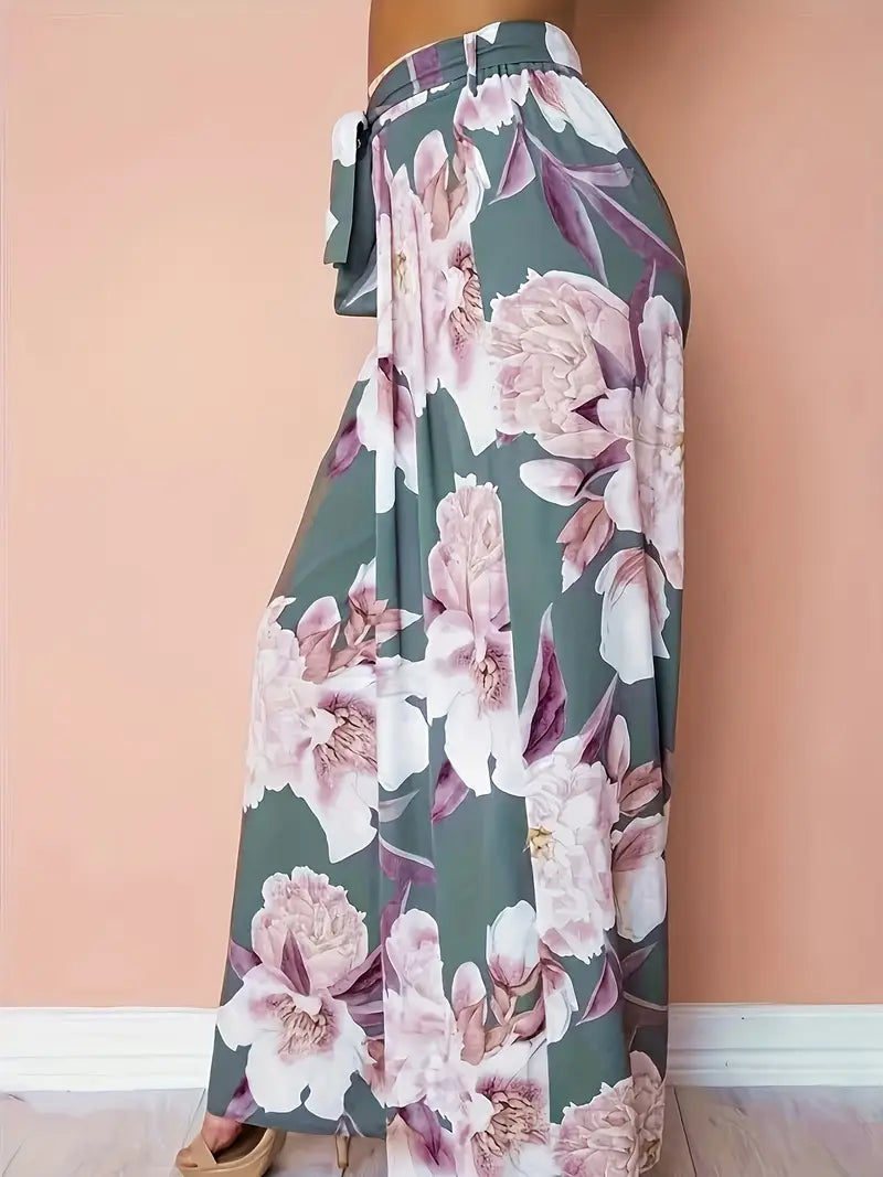 Aisling – Bloemenprint, hoge taille, wijde palazzo-broek met strikceintuur