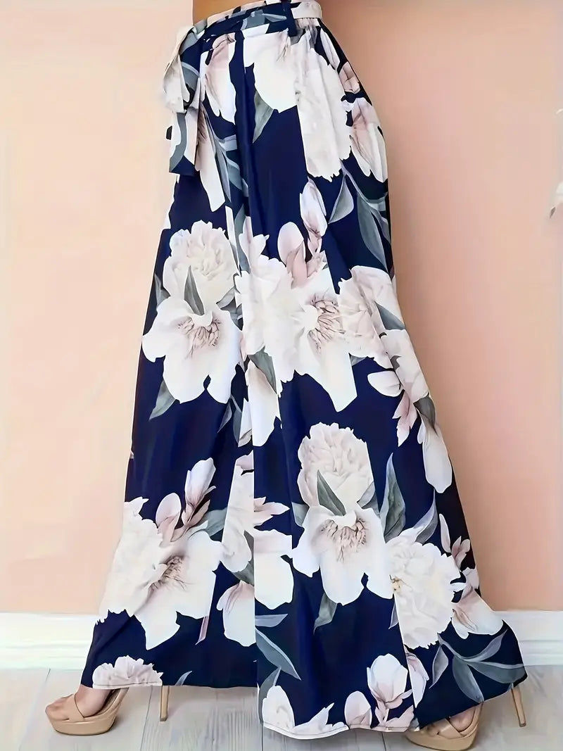 Aisling – Bloemenprint, hoge taille, wijde palazzo-broek met strikceintuur