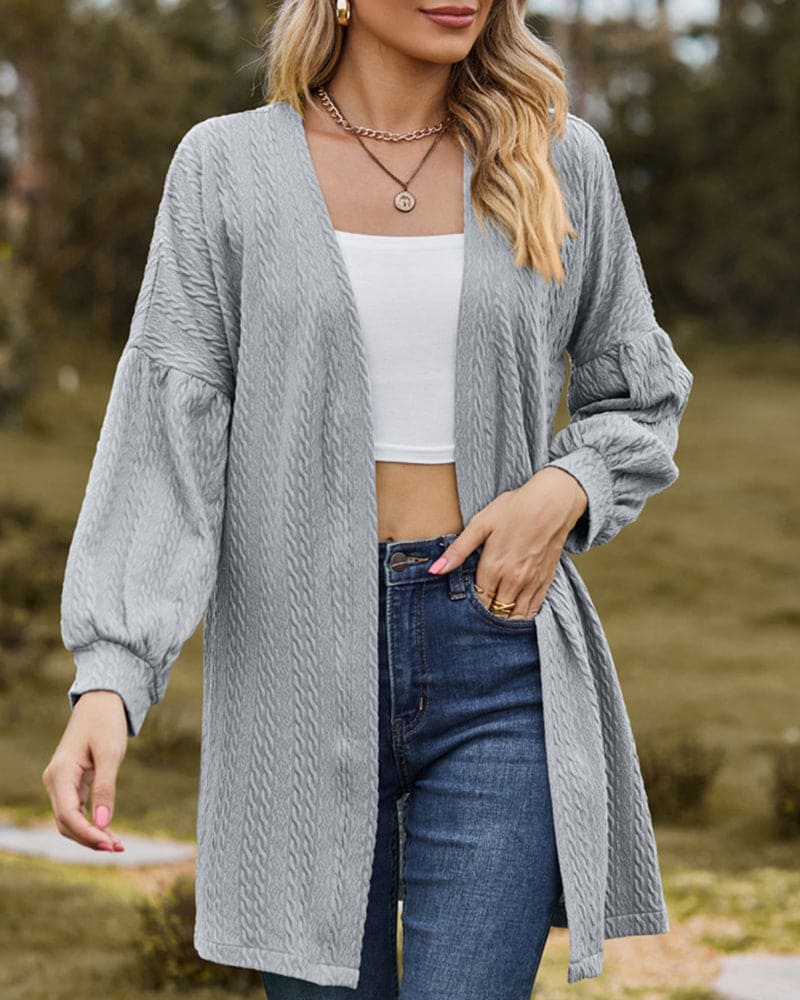 Linde – gebreide dames cardigan-vest met textuur en lanternmouwen