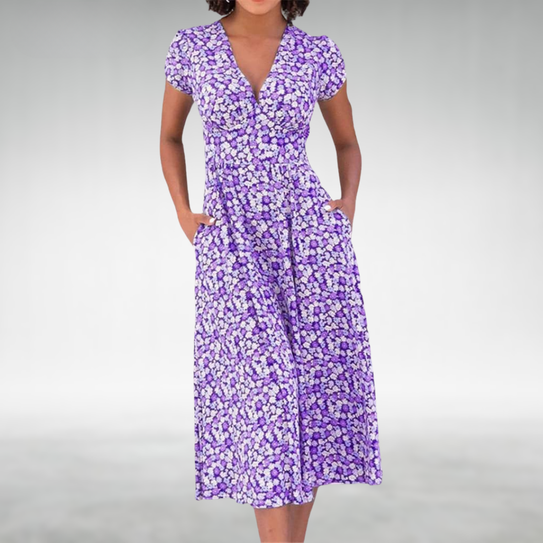 Livia – Getailleerde Midi Bloemenprint jurk Met V-hals