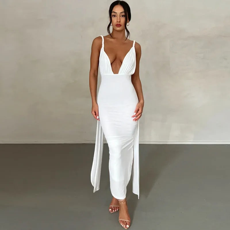 Clara – maxi jurk met diepe V-hals en elegante drapering