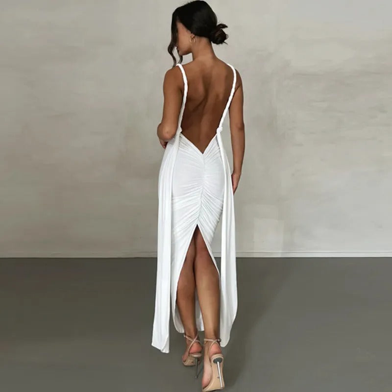 Clara – maxi jurk met diepe V-hals en elegante drapering