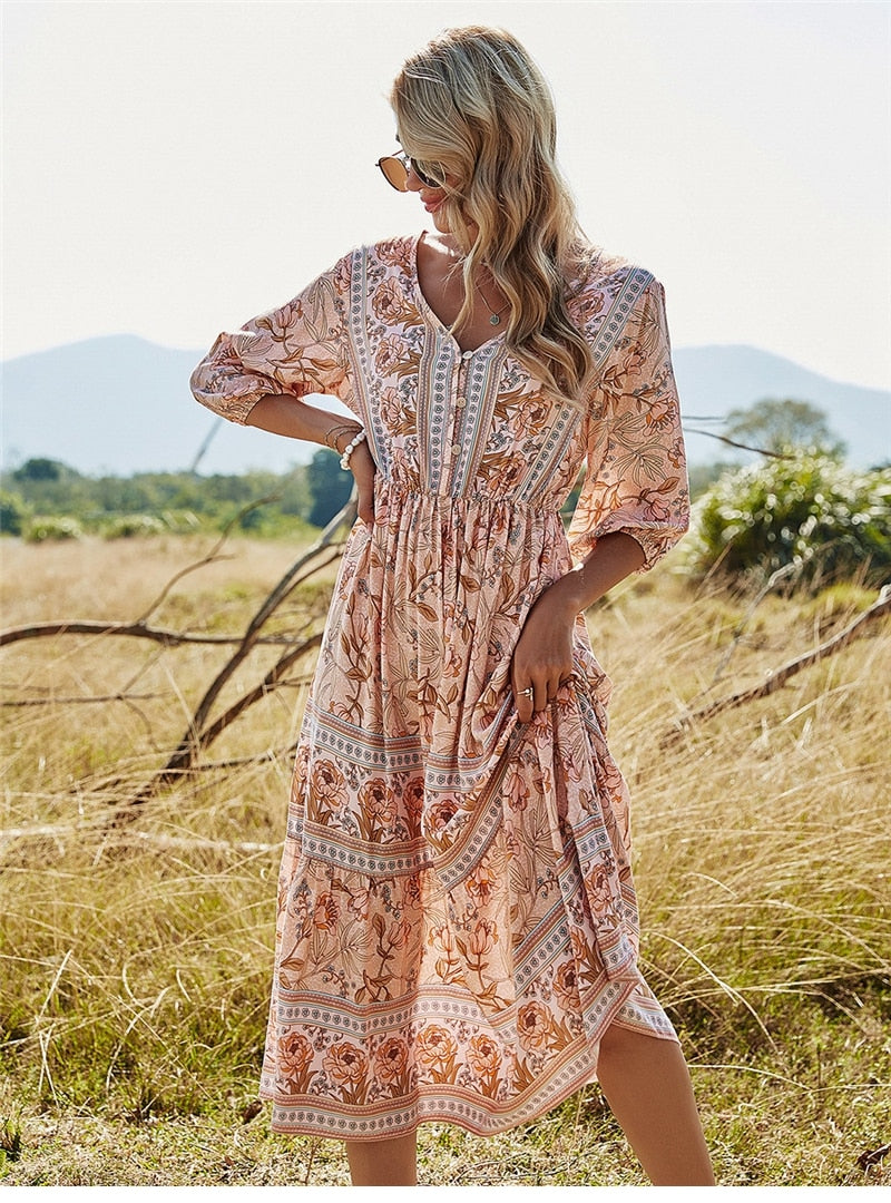 Bonnie – Multicolor boho-zomerjurk met vintage patronen en vloeiende pasvorm