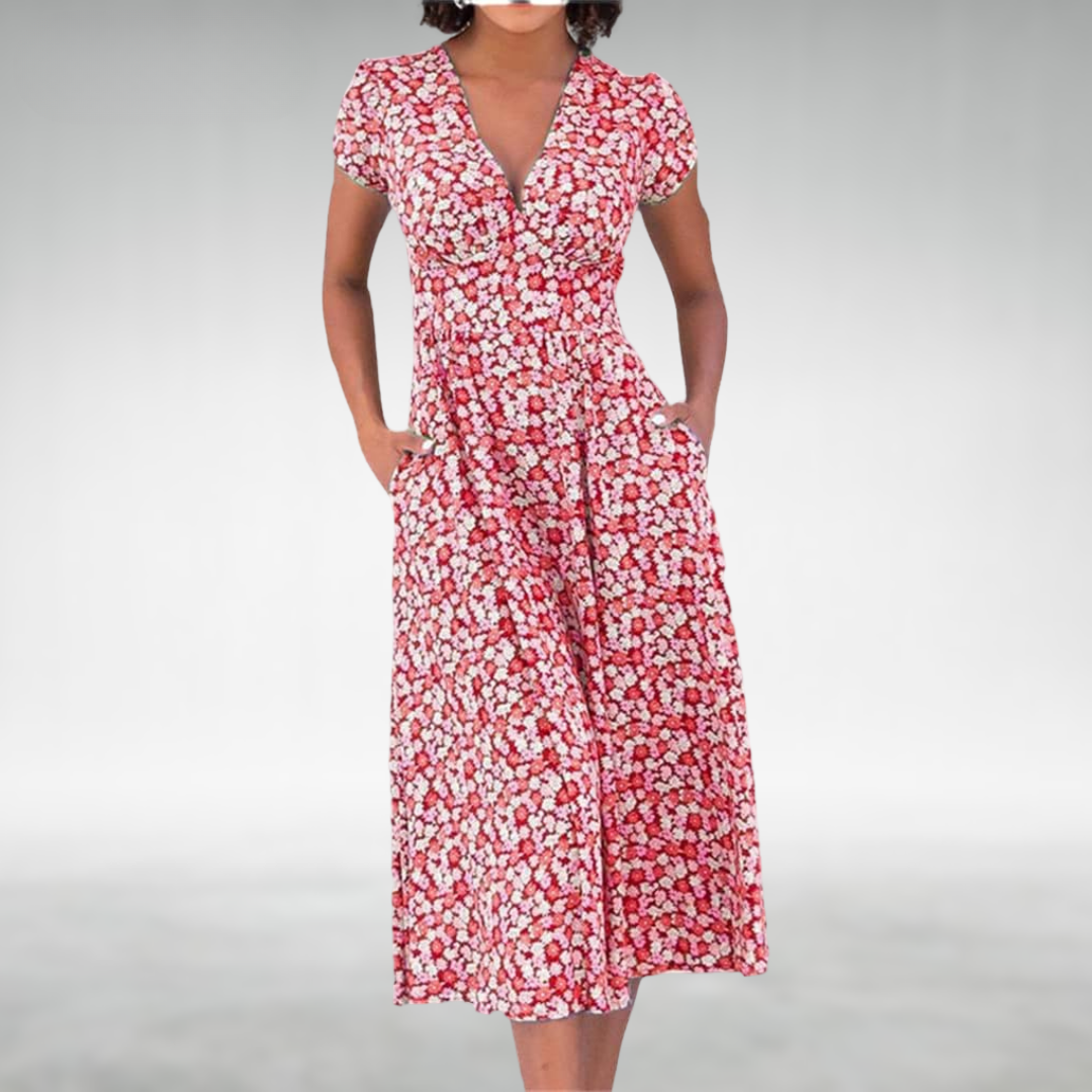 Livia – Getailleerde Midi Bloemenprint jurk Met V-hals