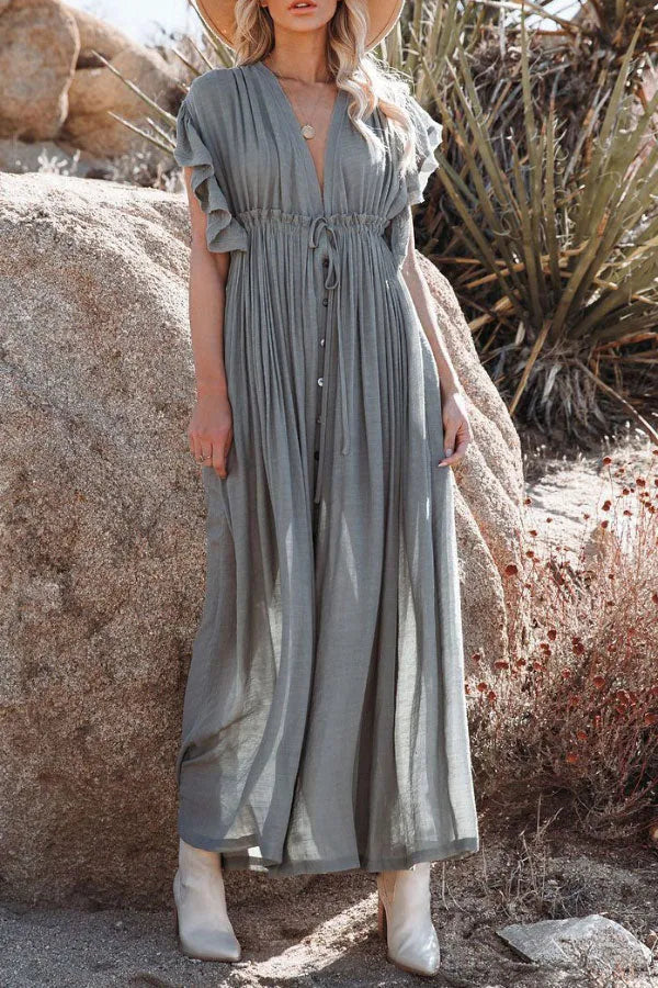 Margarita Ivory – maxi zomer jurk met delicate ruches en een subtiele glans