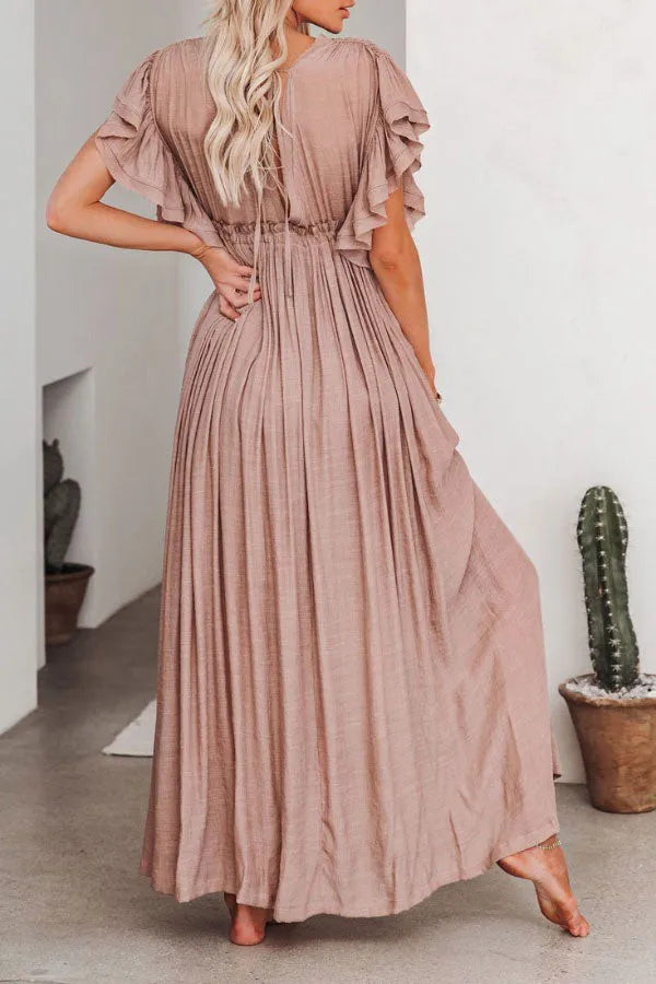 Margarita Ivory – maxi zomer jurk met delicate ruches en een subtiele glans