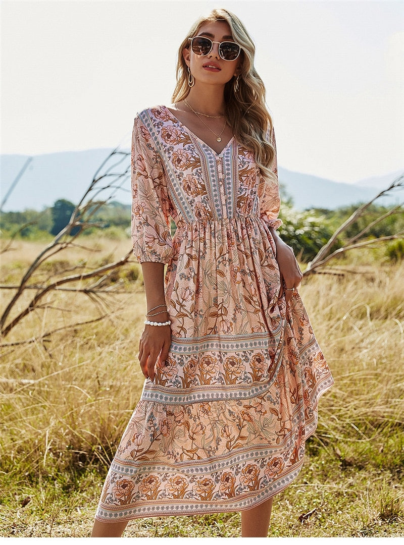 Bonnie – Multicolor boho-zomerjurk met vintage patronen en vloeiende pasvorm