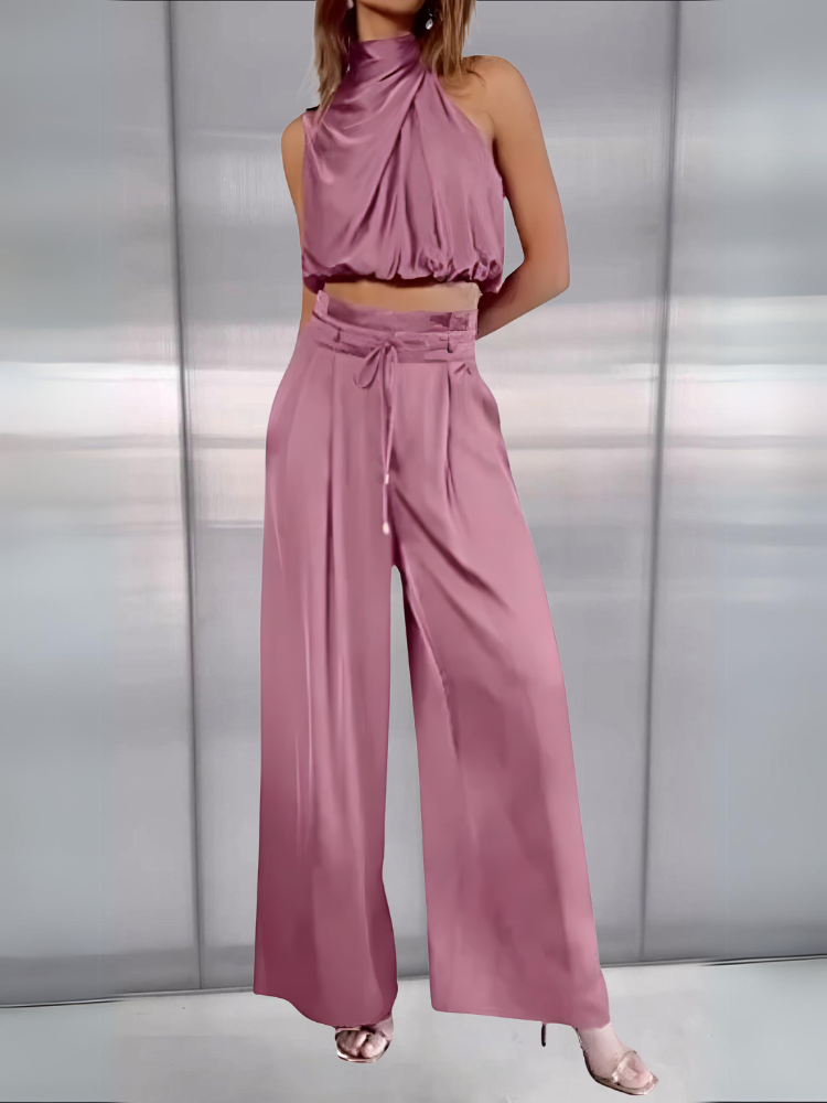 Variant image for Sportkleding Dames Set - Tweedelige Halter Crop Top en Hoge Taille Wijde Pantalon, Elegante en Comfortabele Outfit-11