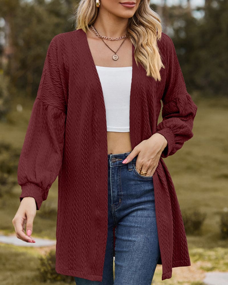 Linde – gebreide dames cardigan-vest met textuur en lanternmouwen