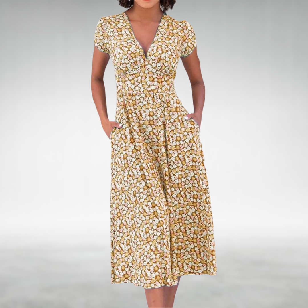Livia – Getailleerde Midi Bloemenprint jurk Met V-hals