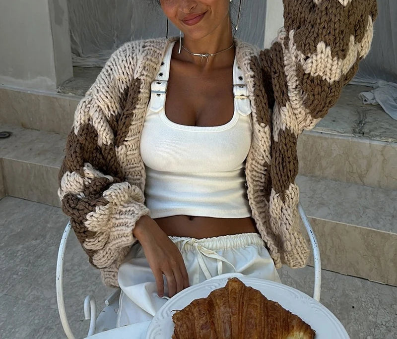 Yara – cropped cardigan vest met streeppatroon en lanternmouwen