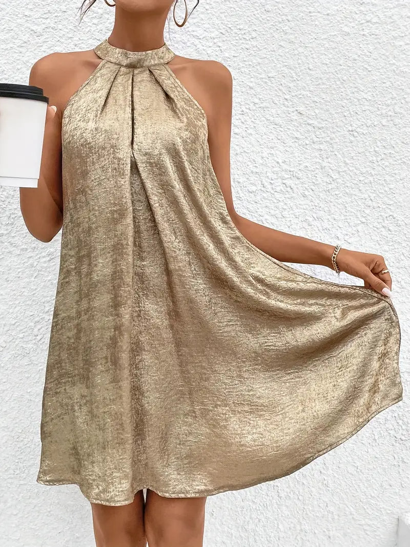 Elena – Gouden Mouwloze Halternek Midi Zomerjurk