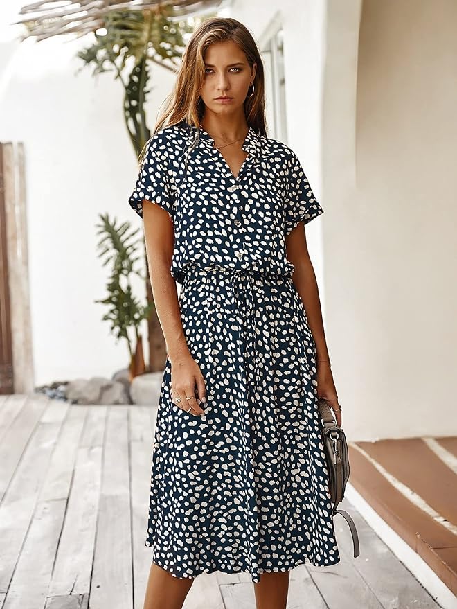 Elena – Getailleerde Katoenen Midi Zomer Jurk Met Stippen Print