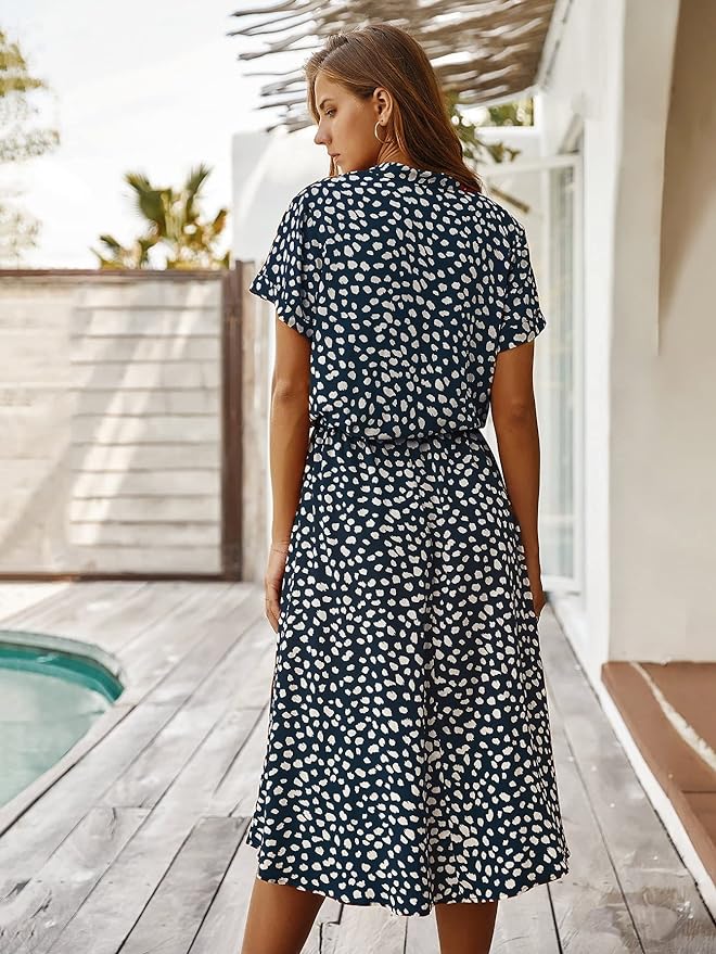 Elena – Getailleerde Katoenen Midi Zomer Jurk Met Stippen Print