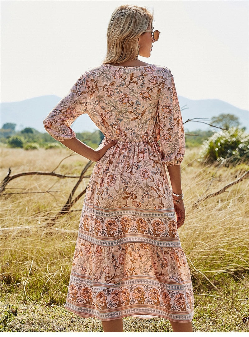 Bonnie – Multicolor boho-zomerjurk met vintage patronen en vloeiende pasvorm