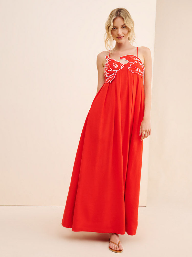 Clara – Rode linnenmix zomerjurk met asymmetrische snit