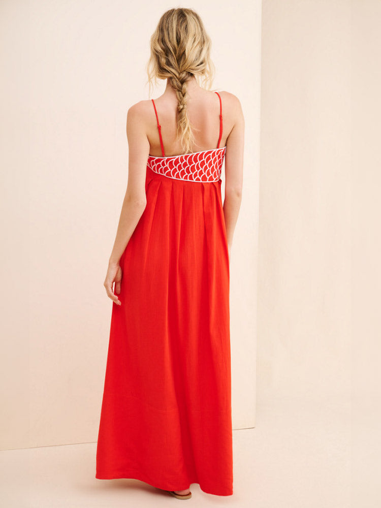 Clara – Rode linnenmix zomerjurk met asymmetrische snit