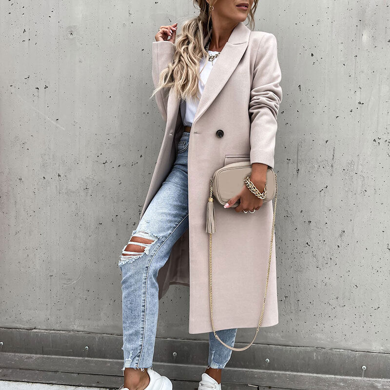 Elena – Lange Wollen Trenchcoat Met Revers En Dubbele Knopen
