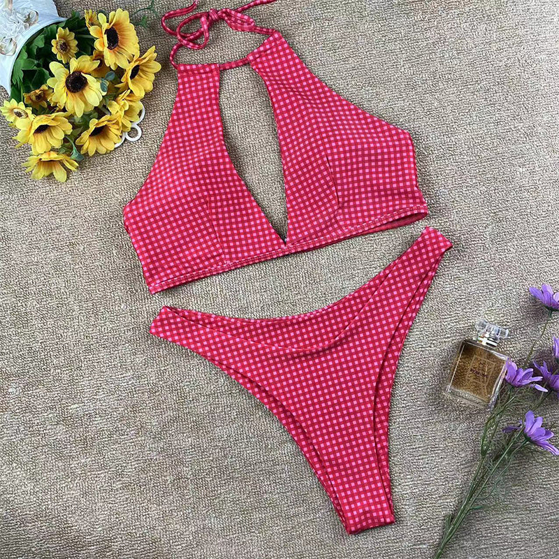 Mila – gingham bikini set met verstelbare top en high-leg slip