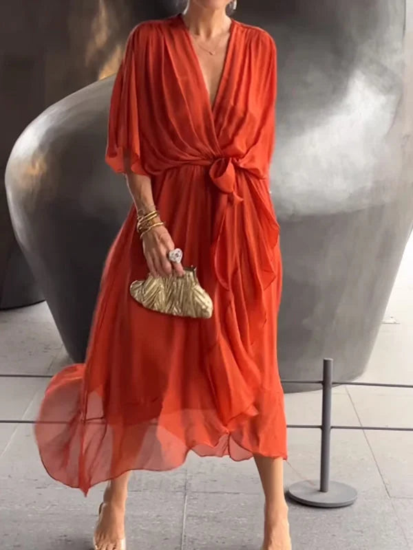 Pienza – midi-jurk van linnen met ceintuur en splitdetails