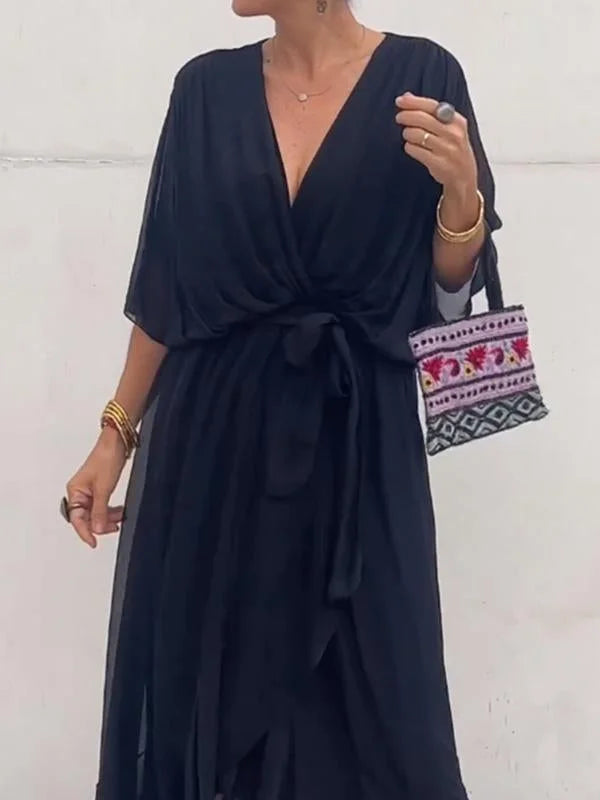 Pienza – midi-jurk van linnen met ceintuur en splitdetails