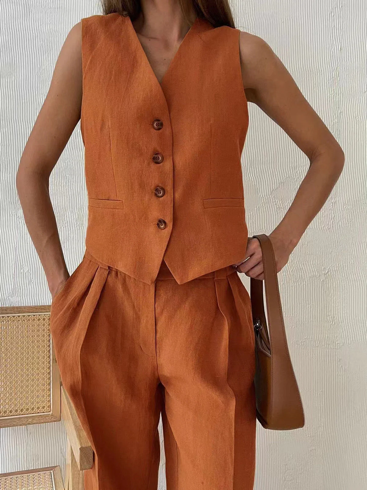 Luna – linnen set met mouwloos vest en wijde broek