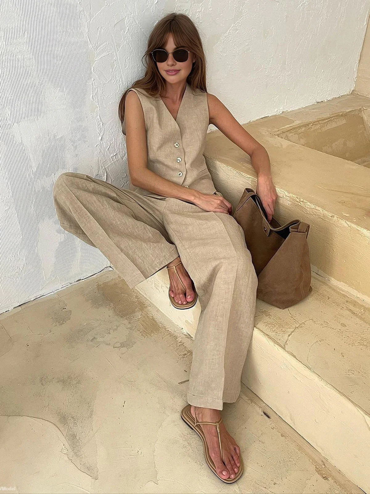 Luna – linnen set met mouwloos vest en wijde broek